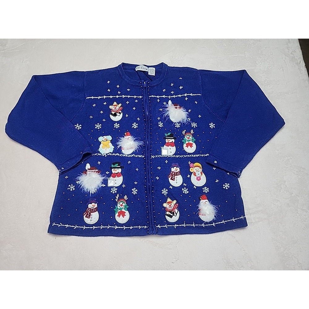 Vintage B.P. Design Blue Snowmen Christmas Cardigan Ugly‎ Christmas Sweater XXL